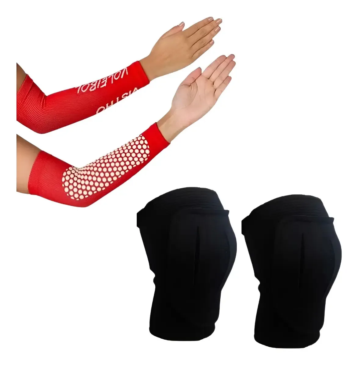 Kit Volei Manguito Curto Com Aderência E Joelheira C/ Feltro Cor Vermelho Tamanho P