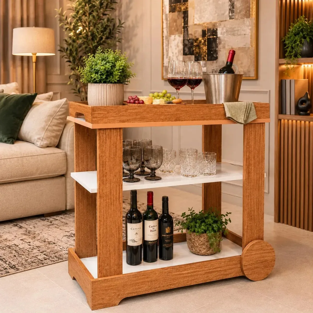 Carrinho Bar Gourmet Cinamomo Off White Moderno Com Rodinhas