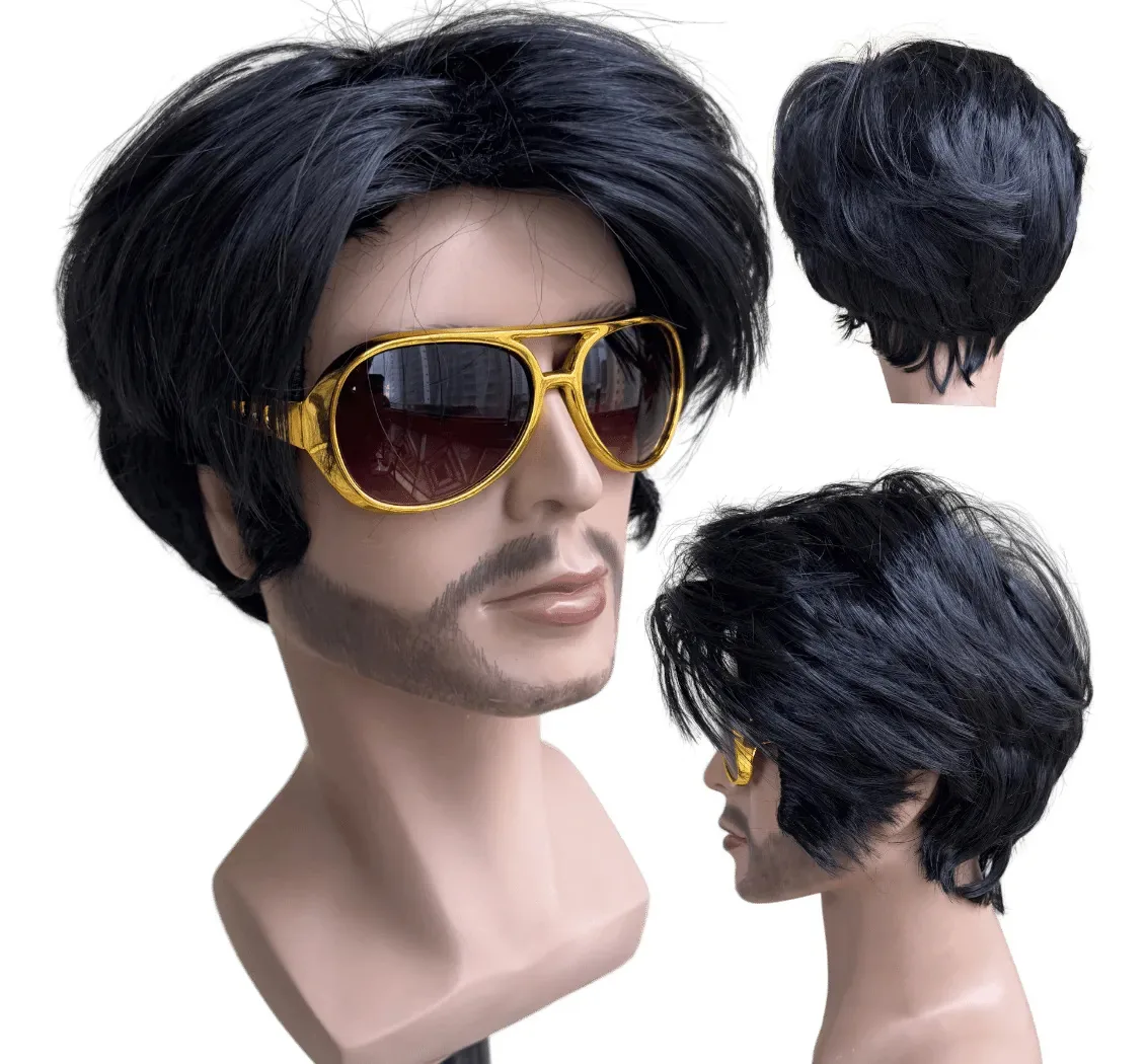 Peruca Elvis Presley Preta Lisa Com Óculos Fantasia Festa Preto
