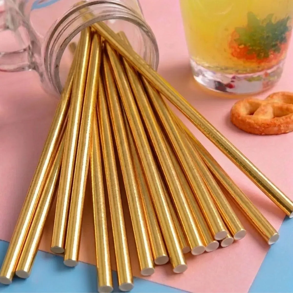 100 Canudos De Papel Metalizado Biodegradável 21cm Drinks Dourado Metalizado