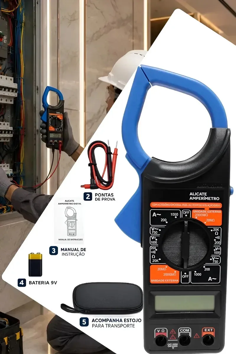 Alicate Amperimetro Digital 1000A Multimetro Profissional Com Estojo Mede Corrente AC Tensao AC/DC Resistencia Continuidade Data Hold Garra 60mm Eletricista Manutencao Industrial Residencial Comercial