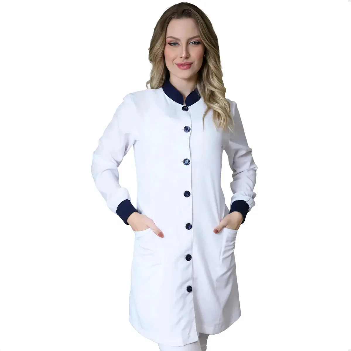 Jaleco Feminino Manga Longa Hospitalar Cirúrgico Enfermagem Profissional Acinturado Médico Medicina Manu Branco Azul Marinho Tamanho P