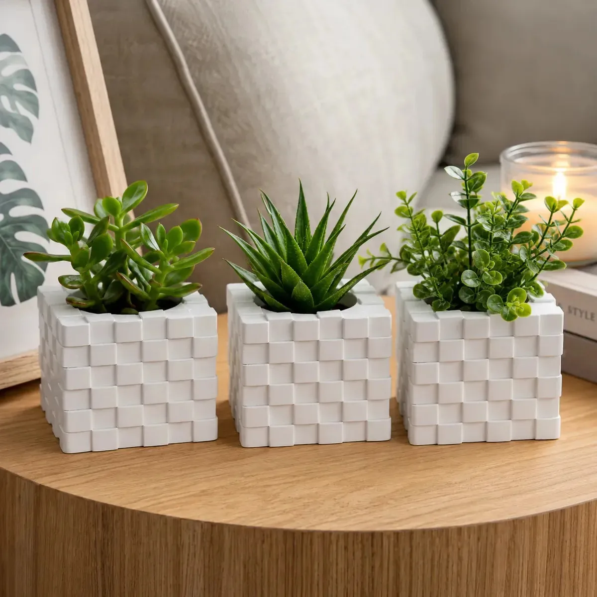 Kit 3 Vasos Decorativo Cubo 3d Gesso Para Cactus E Plantas Branco Gesso Cubo 3d