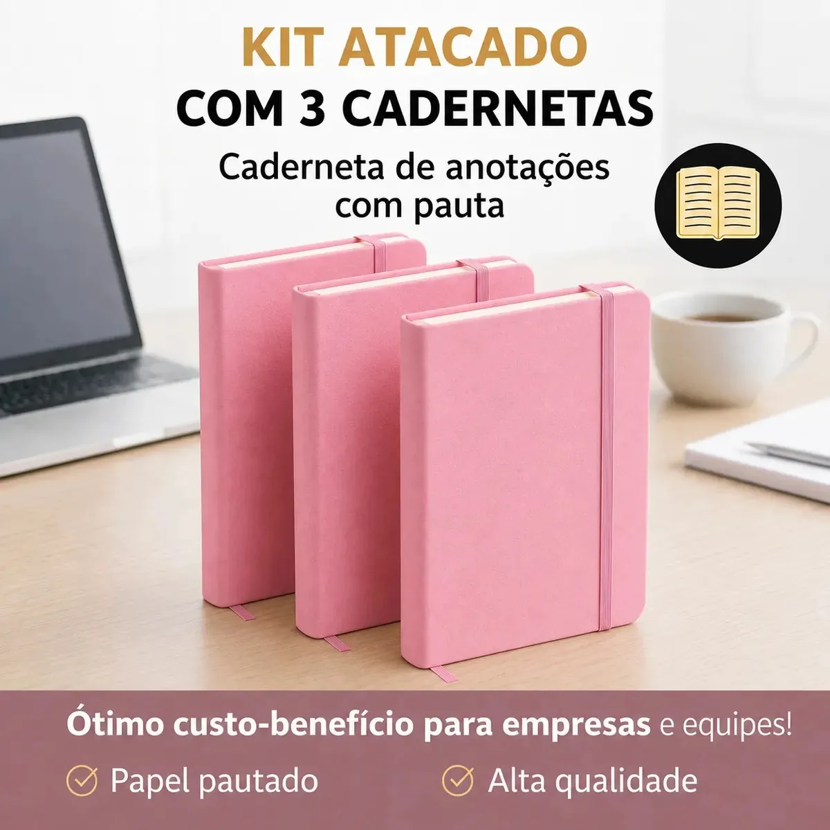 Kit 3 Agendas Cadernetas A5 Rosa Claro de Couro com 80 Folhas Pautadas