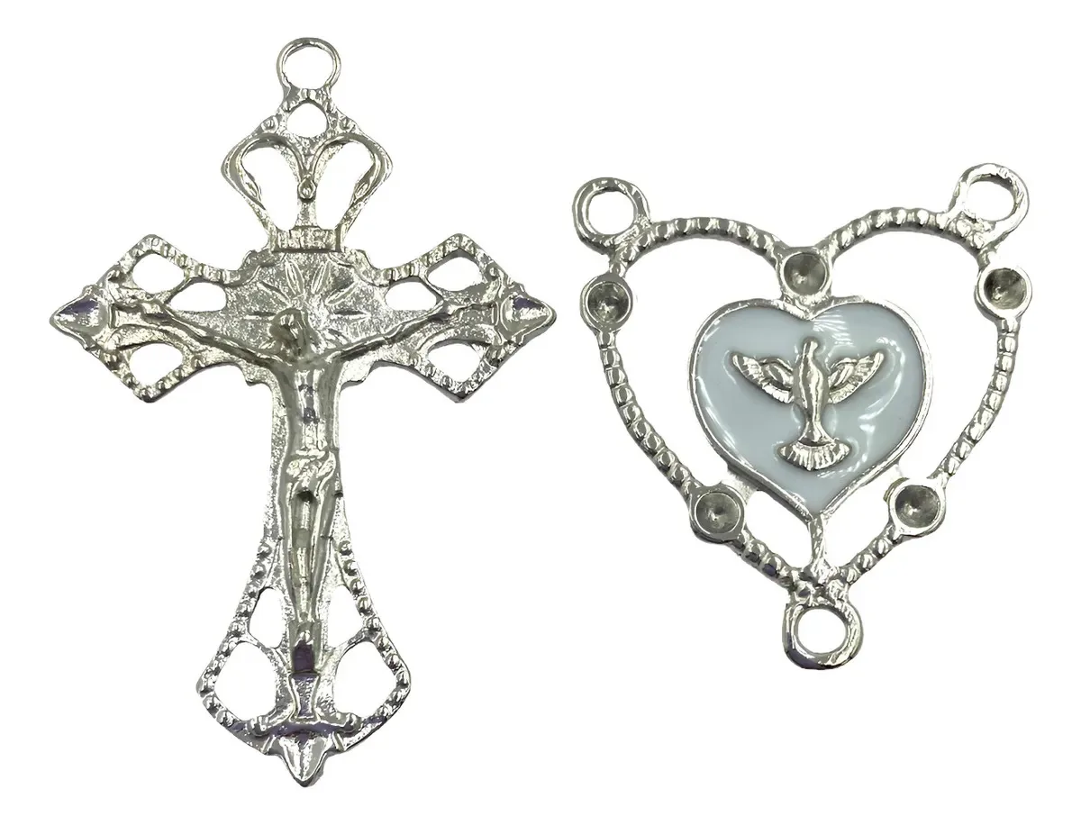 10 Crucifixos E 10 Entremeios Divino Resinado P/ Terços Cor Níquel C/branco