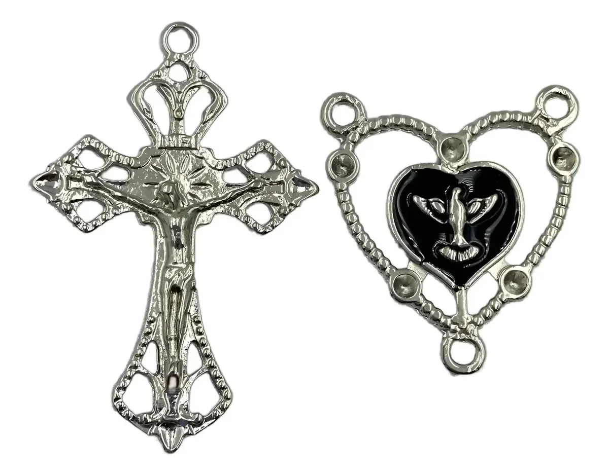10 Crucifixos E 10 Entremeios Divino Resinado P/ Terços Cor Níquel C/preto