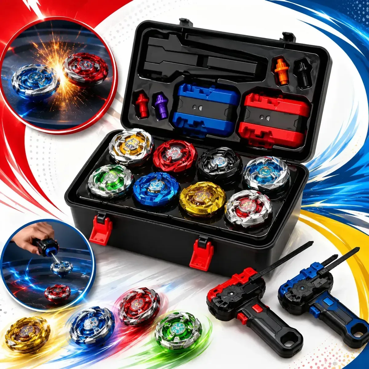 Kit Maleta 8 Beyblade Profissional Piões De Batalha 2 Lançador Bleibleide Babuu Brinquedos Educativos