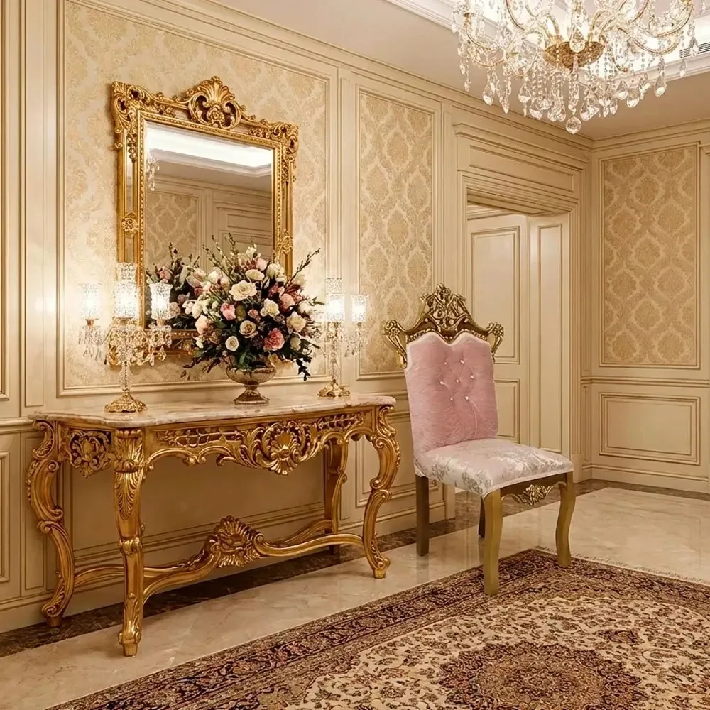 Cadeira Clássica Rosa Com Detalhes Dourado - 36008