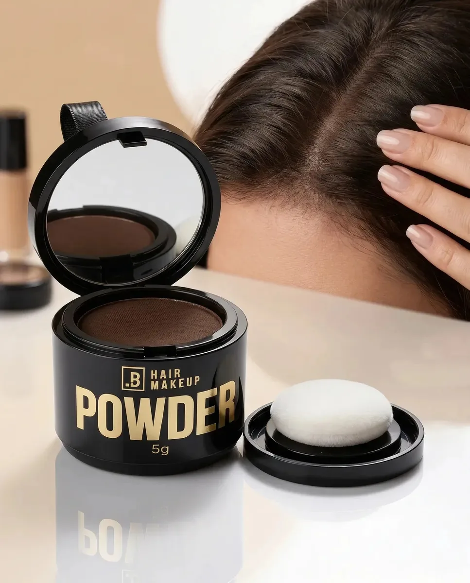 Pó Compacto Maquiagem Capilar Barberada Powder Hair 5g Disfarça Fios Brancos Falhas Entradas Calvície Cobertura Cabelo Barba Sobrancelha Espelho Esponja Integrados Resultado Natural Castanho Escuro