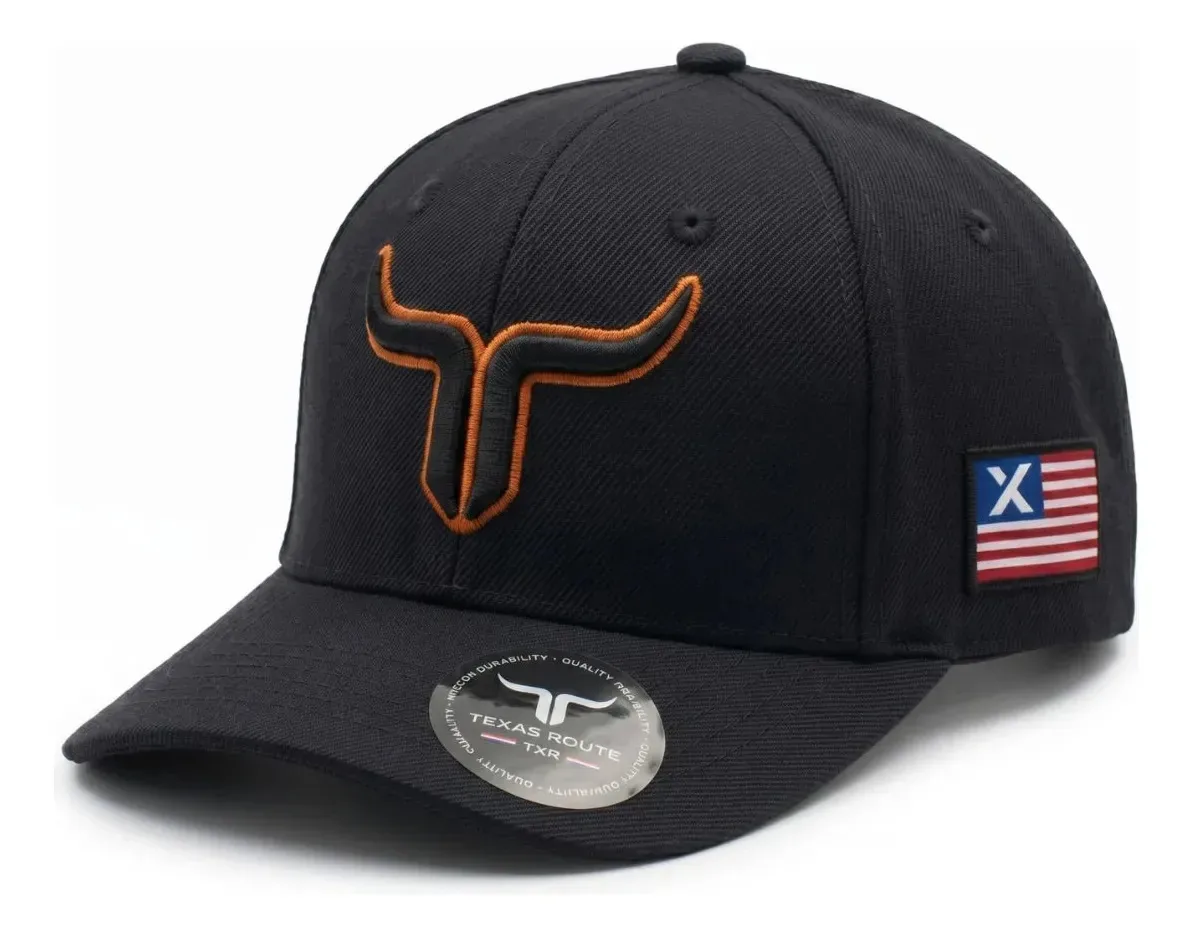 Boné Country Agro Texas Route Aba Curvada Bandeira Ajustável Preto/laranja Un Longhorn