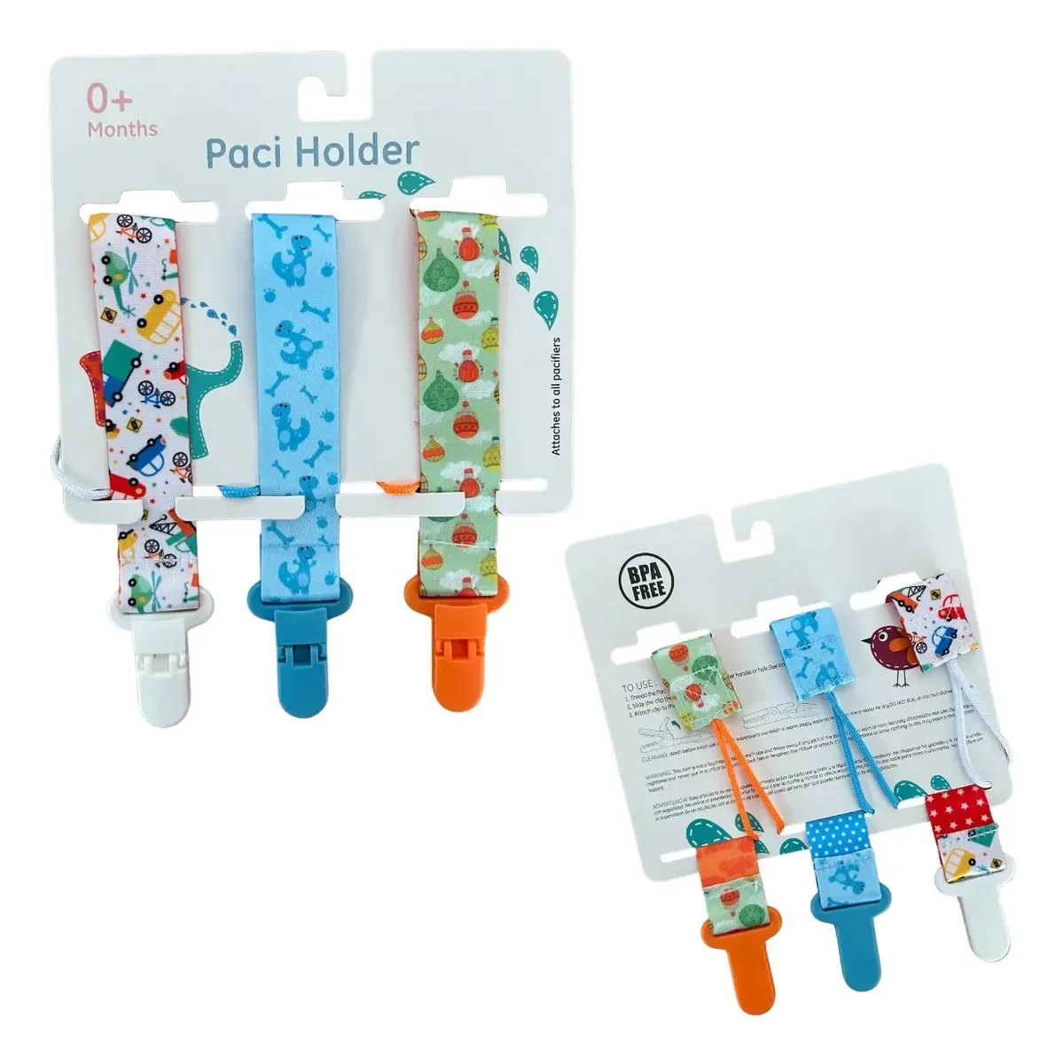 Kit 3 Prendedores de Chupeta Bablin para Bebê com Estampas de Animais