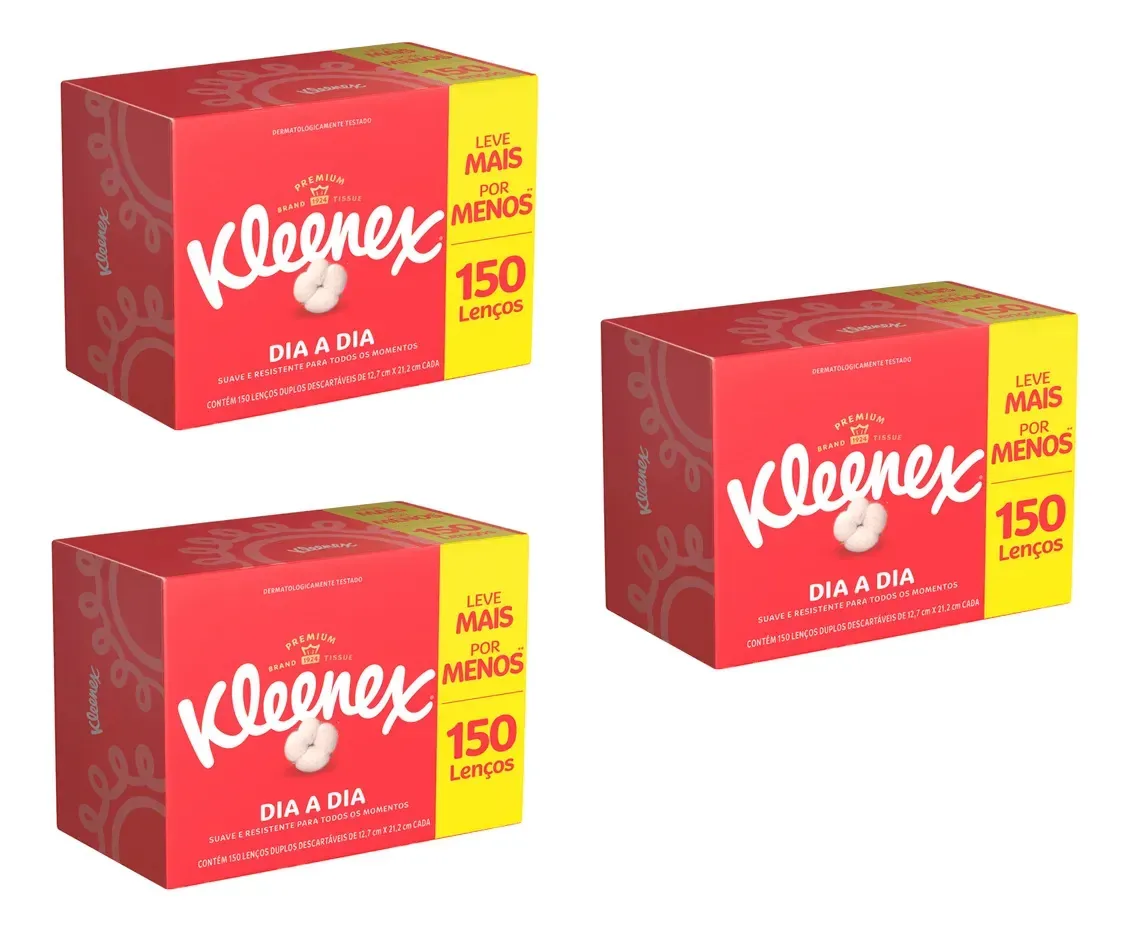 Kit 3 Lenço 150 Papel Kleenex Descartável Folha Dupla Toalha Branco
