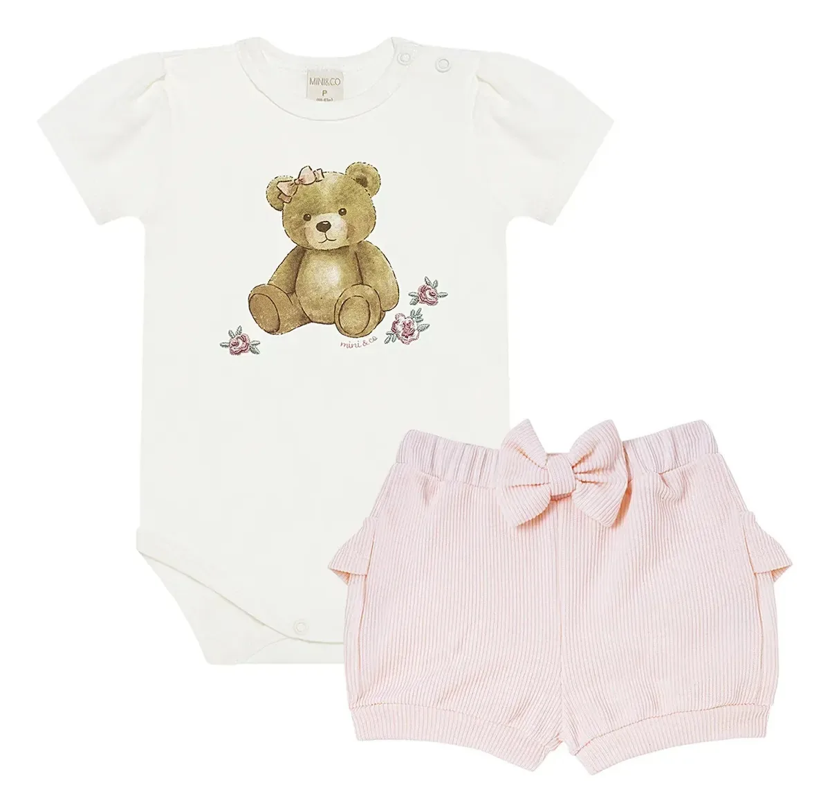 Conjunto Bebê Body E Shorts Algodão Egípcio Ursa Mini & Co Rosa Gg