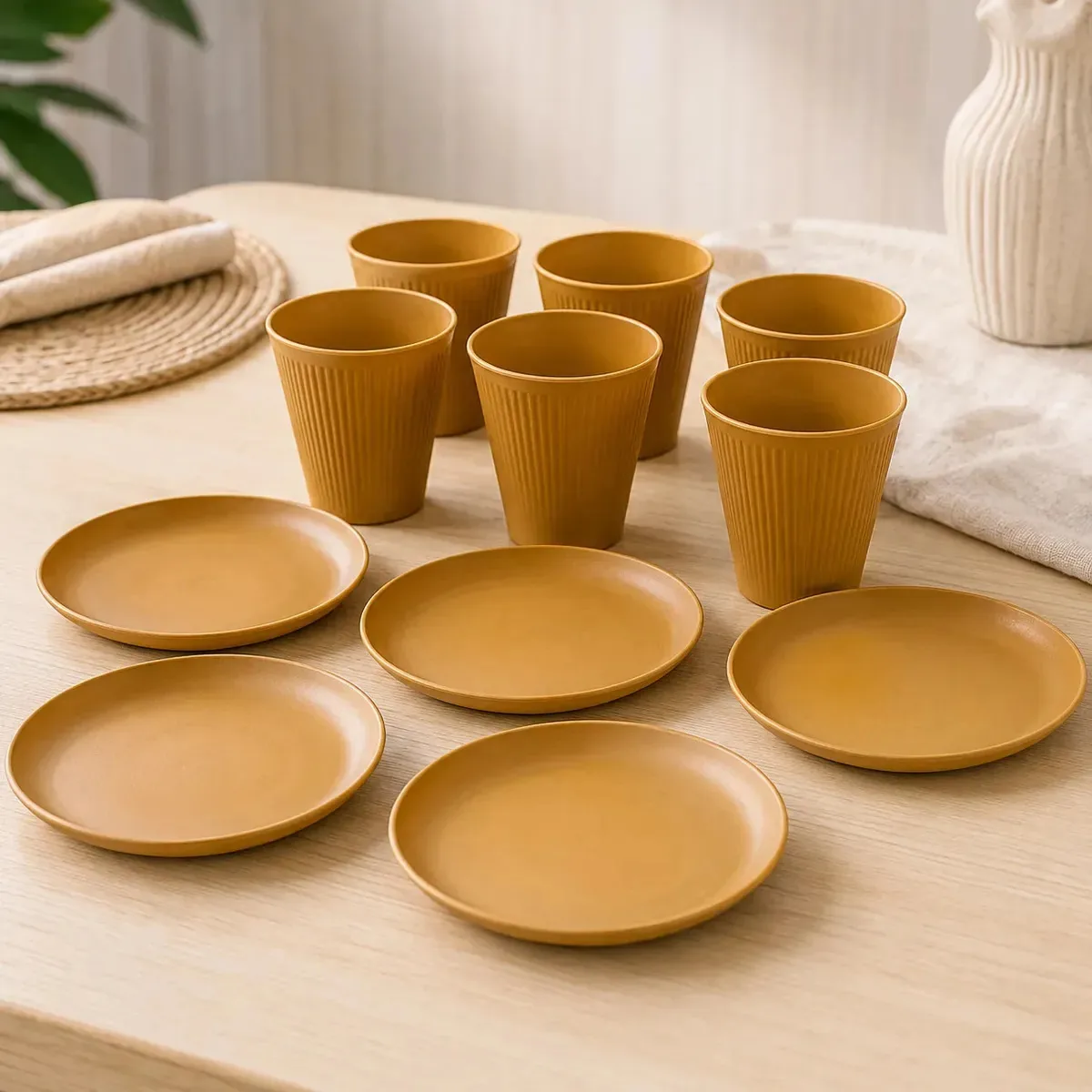 Kit 6 Copos E 6 Pratos De Bambu E Pp Da Lyor Amarelo