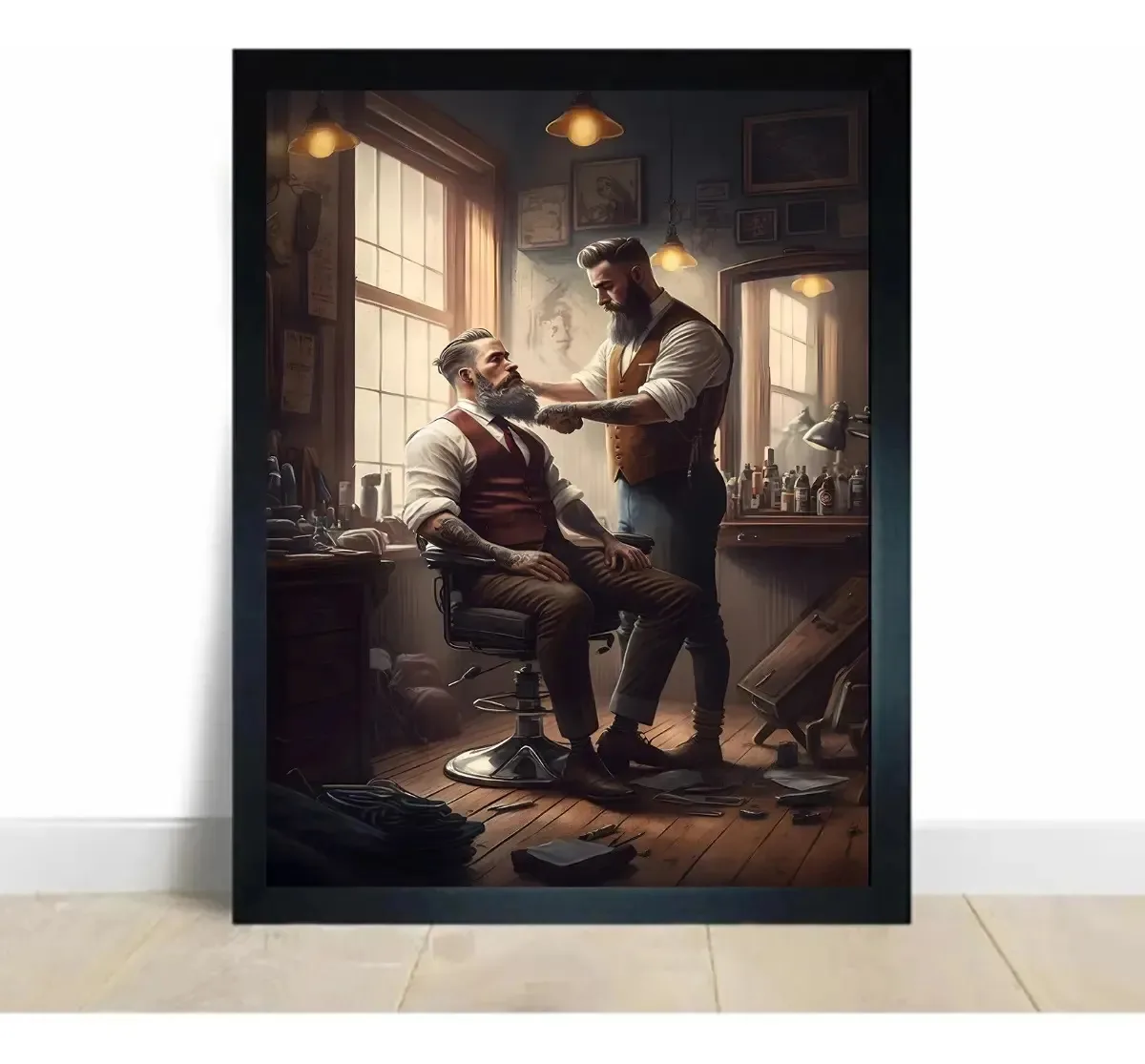 Quadro Barbearia Cabeleireiro Com Acetato Moldurado A2 42x60 Cor Preto
