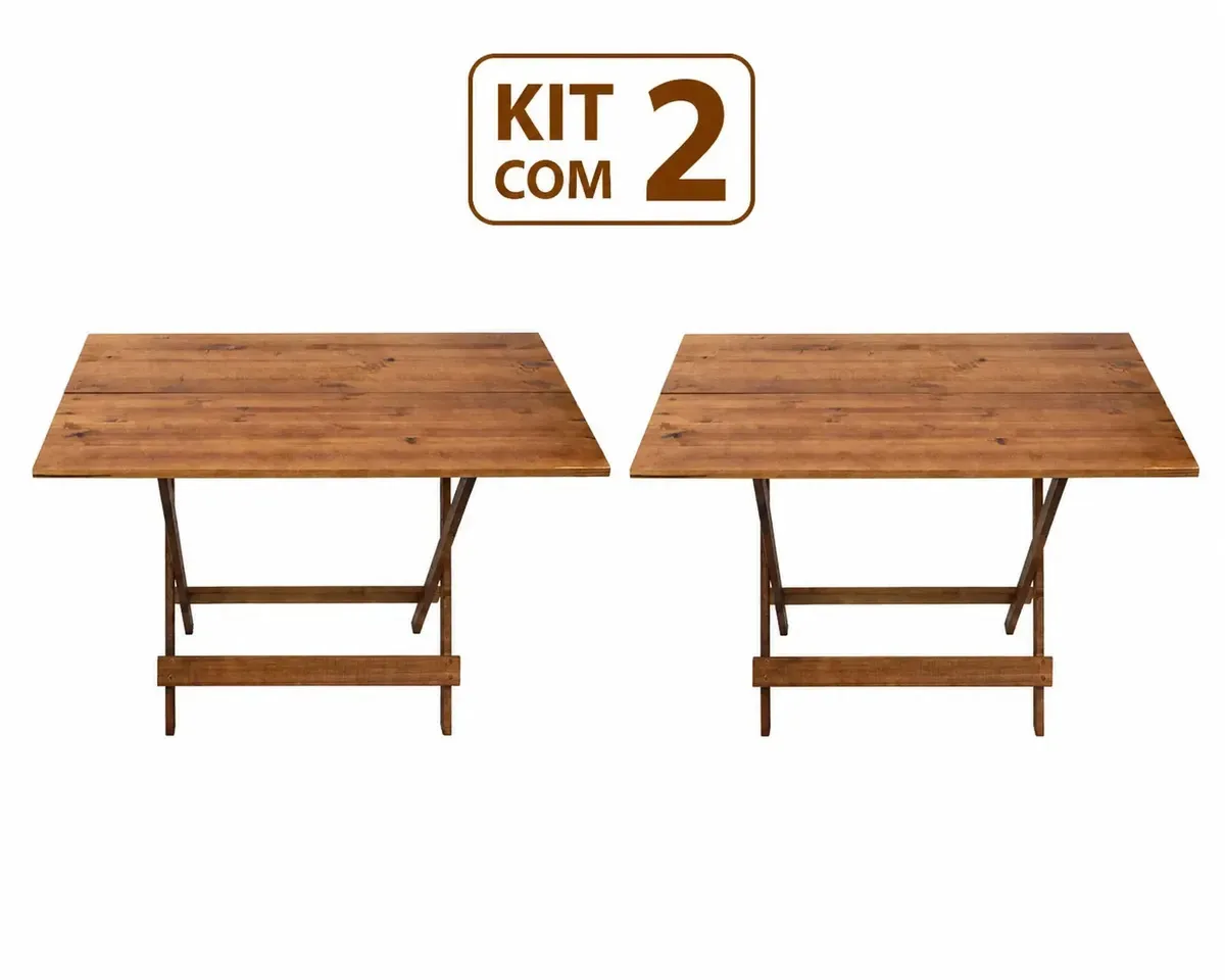 Kit 2 Mesas De Madeira 100x70 Dobrável Pinus Para Jardim Bar Restaurante Napoli Grande Retangular Premium Cor Imbuia