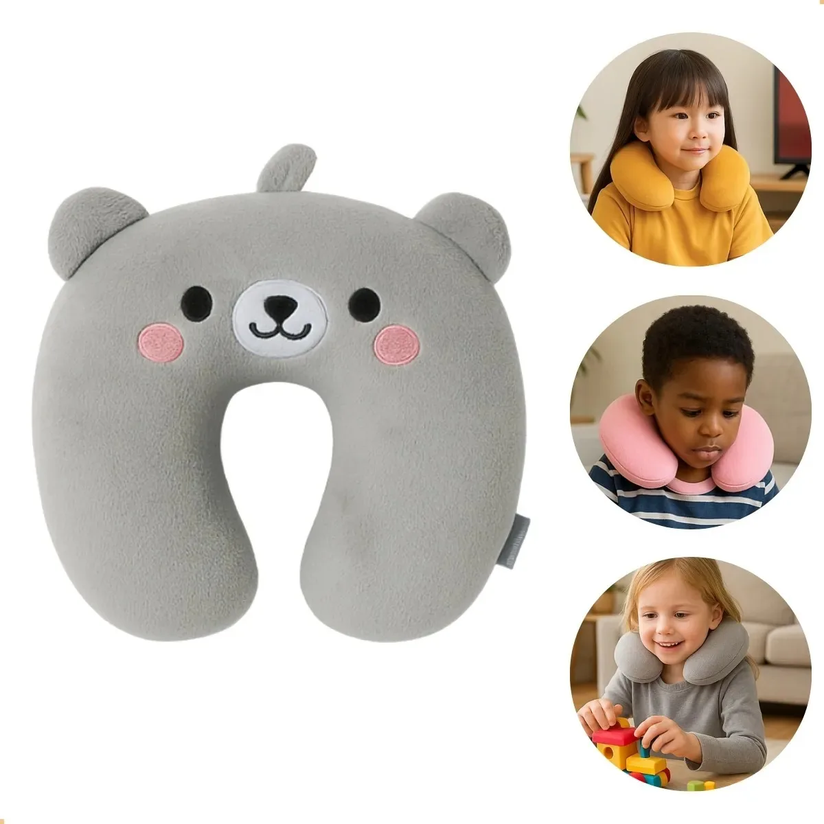Almofada De Pescoço Infantil Travesseiro Viagem Confortável Cinza Bichinhos Bichinhos