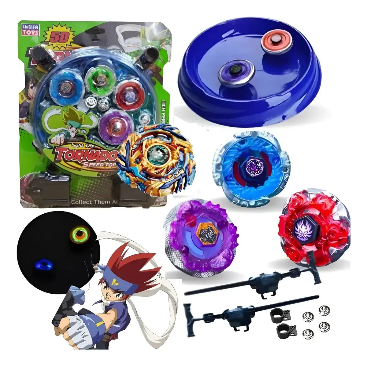 Ação Led: Beyblade Metal Led Kit 4 Piões + 2 Lançadores