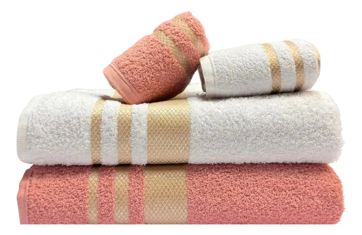 Jogo Kit 4 Toalhas Banho Rosto 100% Algodão Macia Branco/rosa