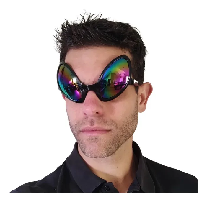 Óculos de Festa Olhos Grandes ET, Preto com Lente Espelhada Multicolorida