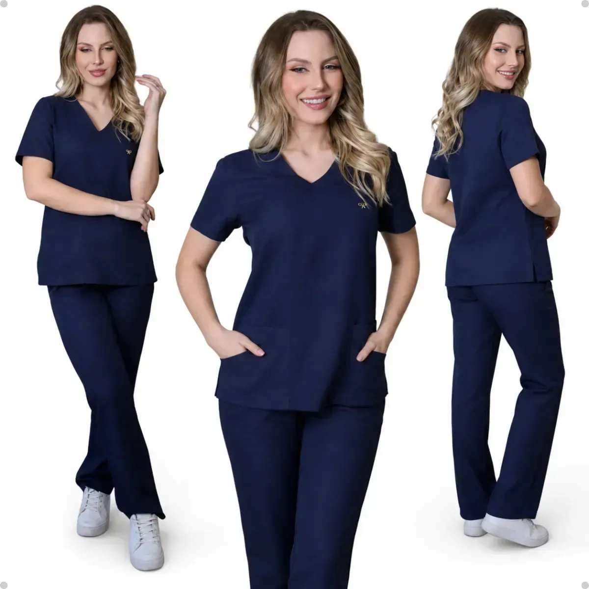 Scrub Feminino Manga Longa Hospitalar Cirúrgico Enfermagem Profissional Acinturado Médico Medicina Manu Azul Marinho Tamanho P