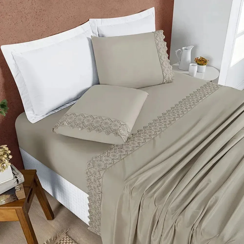 Lençol De Cama Super King 4 Peças Lananna Bordado Inglês Cor Bege Desenho Do Tecido Bordados Ingles