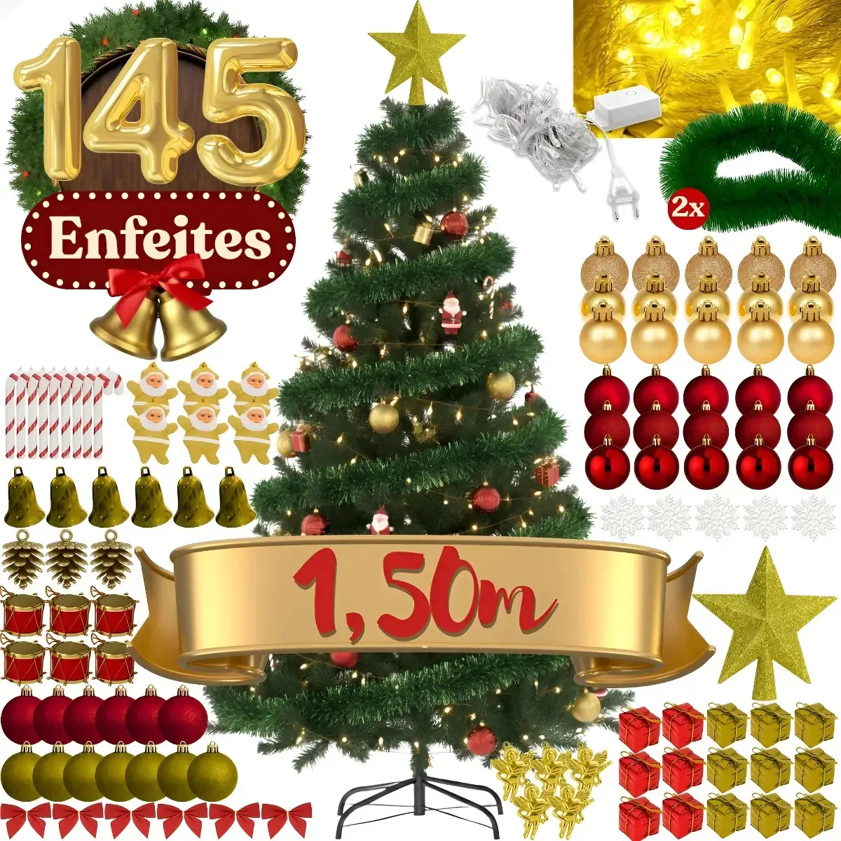 Árvore De Natal 1,50m Decorada 145 Enfeites Pisca E Festão Cor 110V