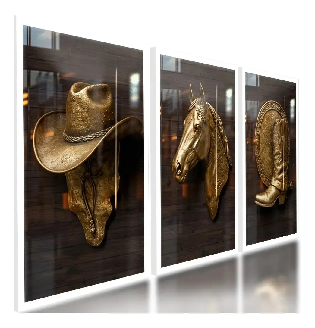 Quadros Decorativos Cavalo Chapéu Bota Agro Fazenda 122x60 Cor Branco Armação INFINITA