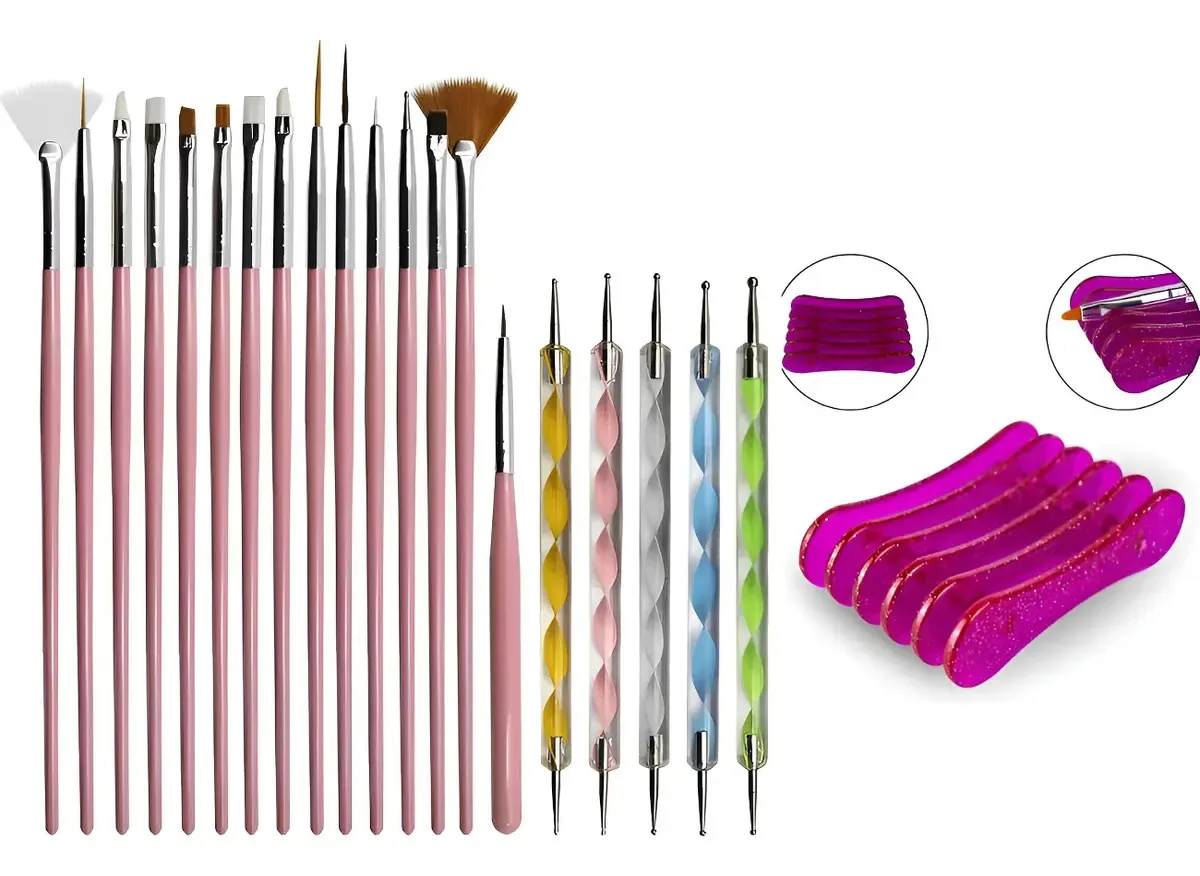 Kit Suporte + 15 Pincéis Decoração Unhas C/ 5 Boleadores