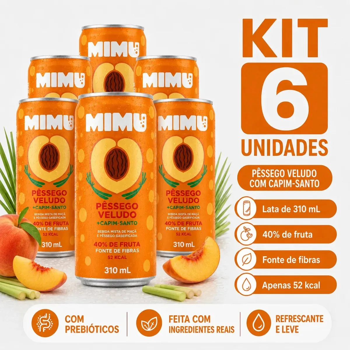 Fardo com 6 Refrigerante Gaseificado Prebiótico Natural Saudável Latinha Lata Sem Açúcar Zero Açúcar Adicionado Soda Zero Sódio Refrescante Fonte de Fibras Pêssego Veludo Capim Santo