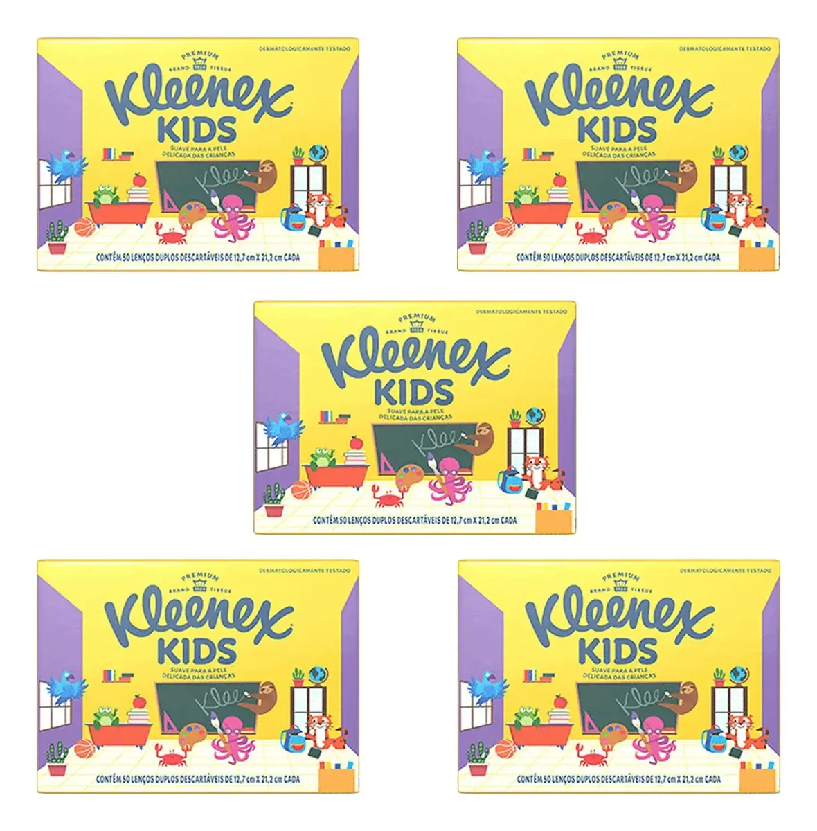 Kit com 5 Lenços de Papel Kleenex Kids Folha Dupla, 50 Unidades