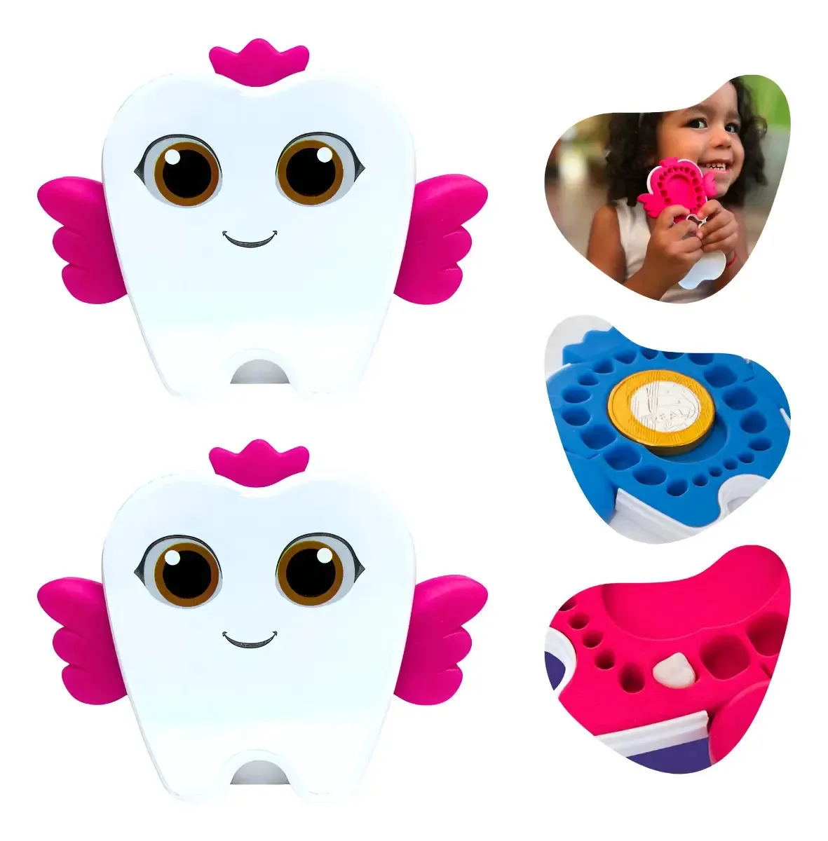 Kit 2 Un Porta Dente De Leite Infantil Com Porta Moeda E App Cor Rosa-chiclete