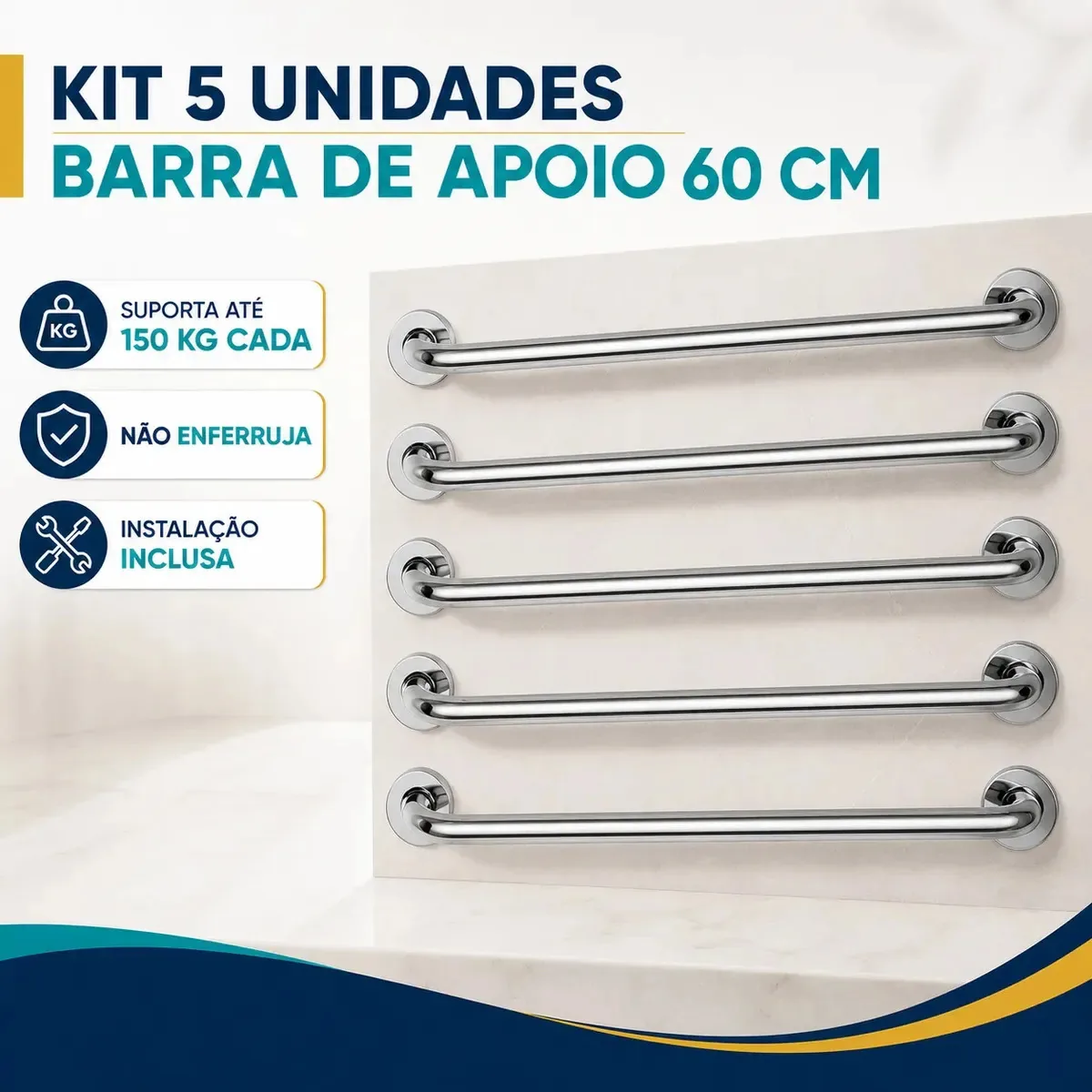 Kit 5 Barra De Apoio Acessibilidade Para Idoso Deficiente Em Aço Inoxidável Alça 60cm