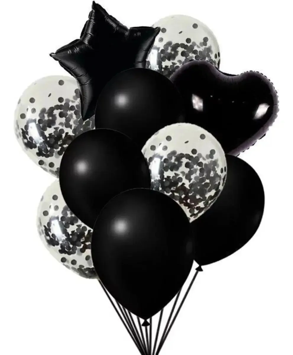 10 Balão Bexiga Estrela Coração Metalizados C/ Confete Cor Preto