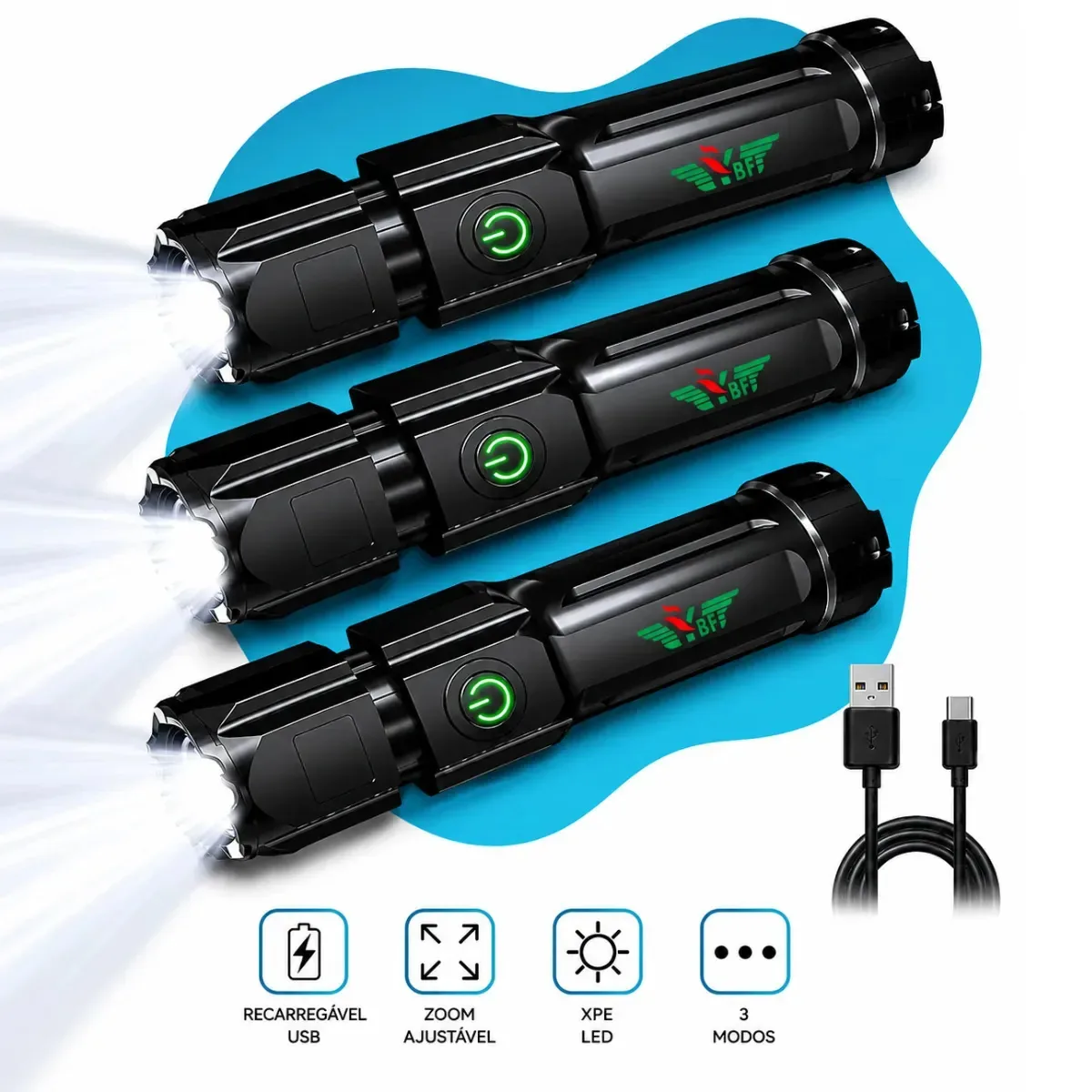 Kit 3 Lanterna Tática Led Recarregável Usb Militar Shark Com Zoom Pescaria Caça Trilhas Camping Cor Preto Luz Branco
