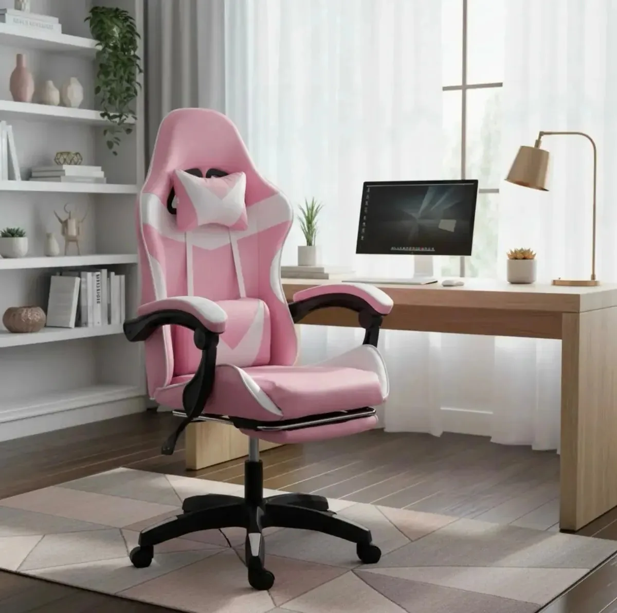 Cadeira Gamer Ergonômica Reclinável Com Apoio Para Pés e Almofada Lombar Rosa