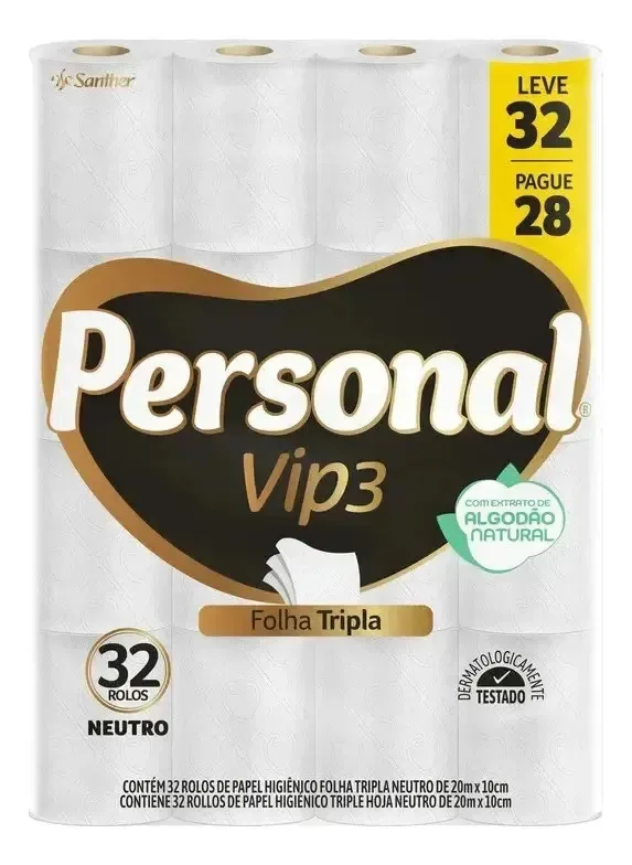 Papel Higiênico Folha Tripla Personal Vip 3 Com 32 Rolos