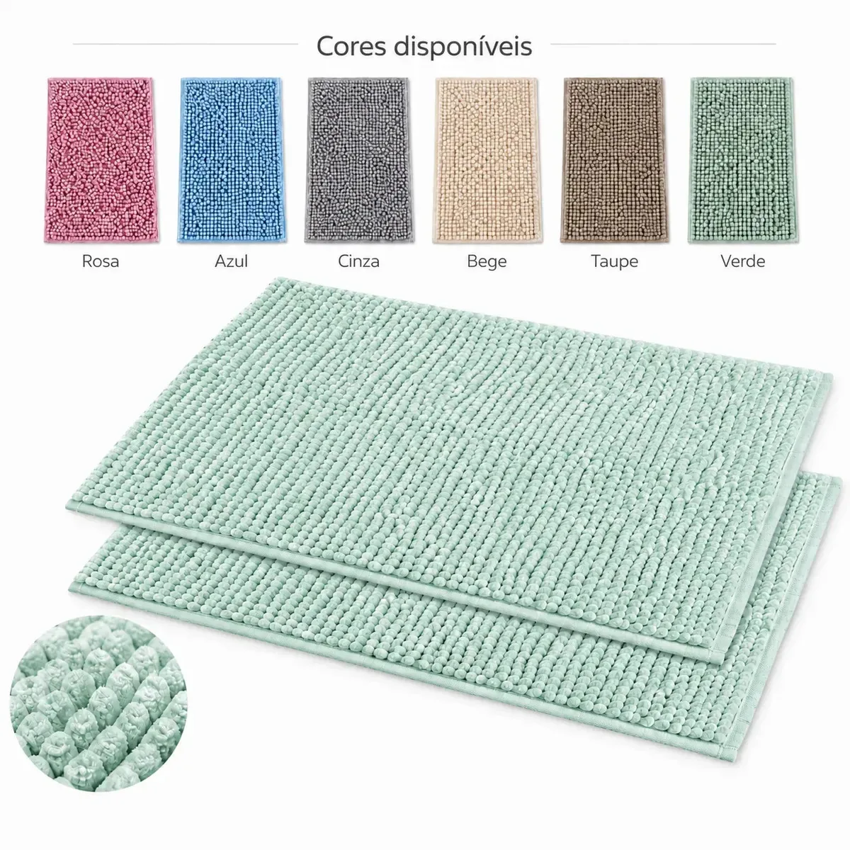 Kit 2 Tapetes para Banheiro Microfibra 38x58cm Antiderrapante Absorvente Macio Lavável em Máquina Bolinha Dedinho Chenille Seca os Pés Cor Verde Claro