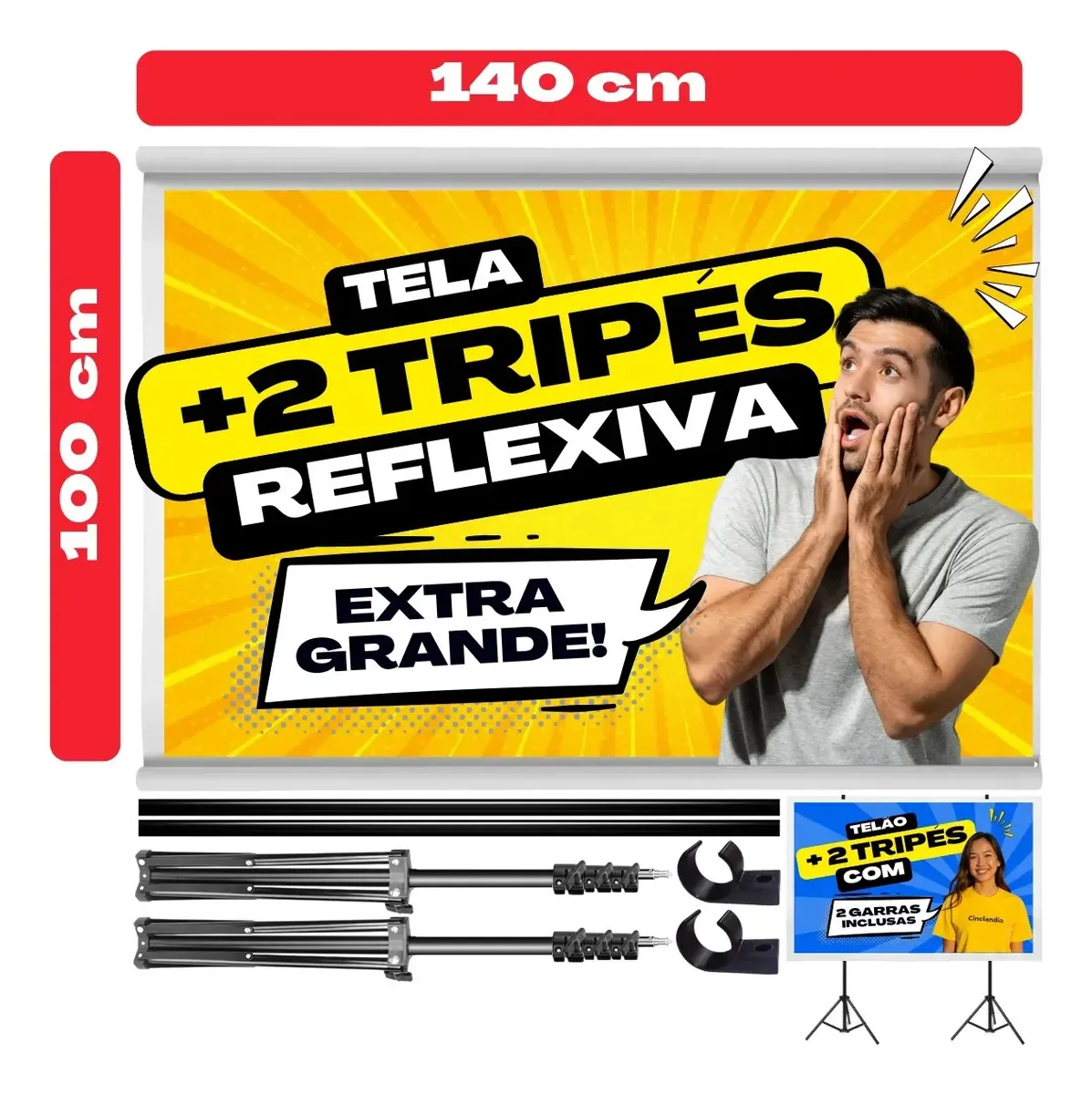 2 Tripés Retráteis + Tela De Projeção Reflexiva Manual Polegadas Para Projetor Datashow E Retroprojetor