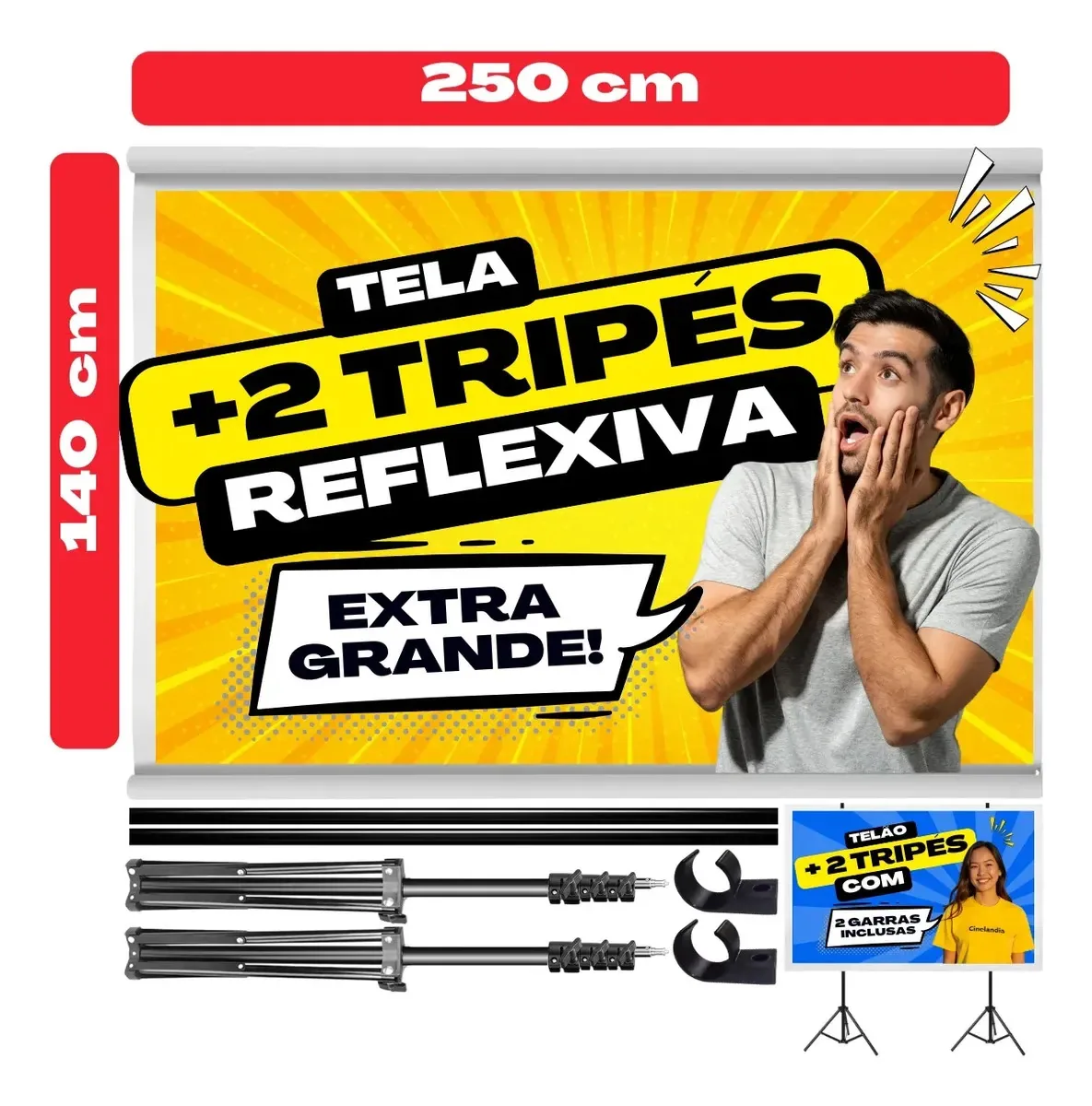 2 Tripés Retráteis + Tela De Projeção Reflexiva Manual Gigante Polegadas Para Projetor Datashow E Retroprojetor - Desmontável