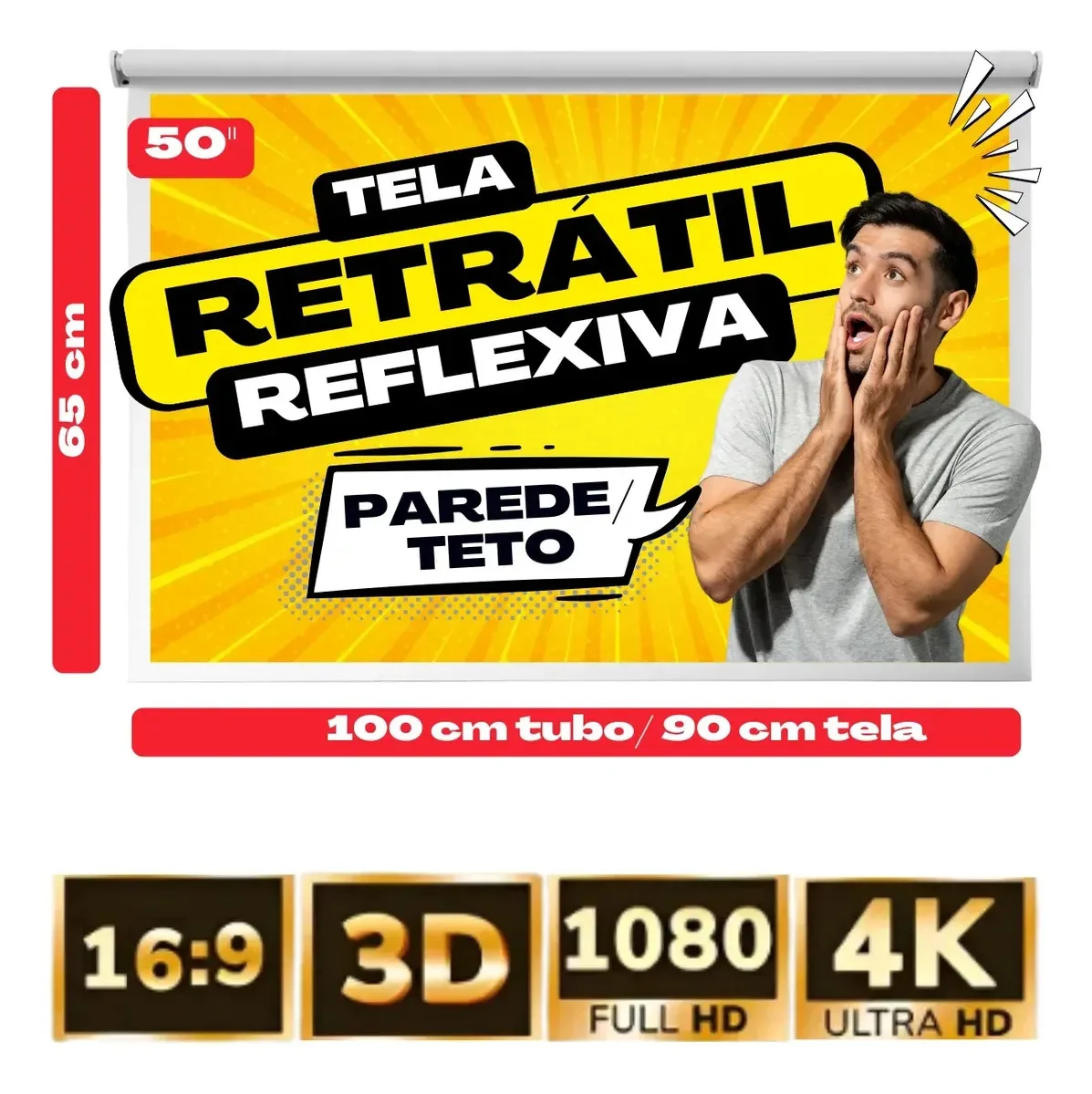 Tela De Projeção Retrátil Manual Reflexiva Portátil Parede E Teto