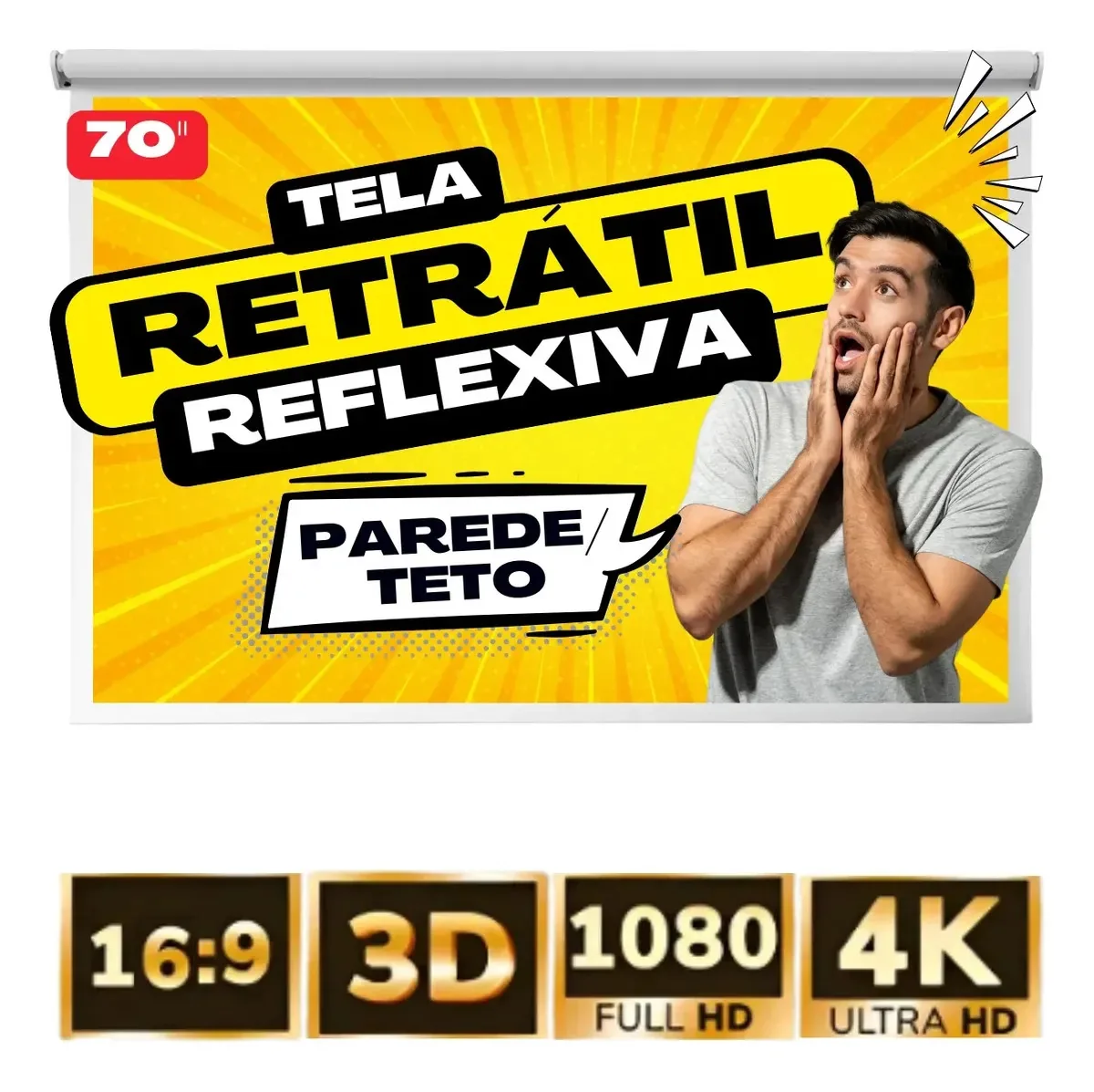 Tela De Projeção Retrátil Reflexiva 70 Polegadas Para Projetor Datashow E Retroprojetor
