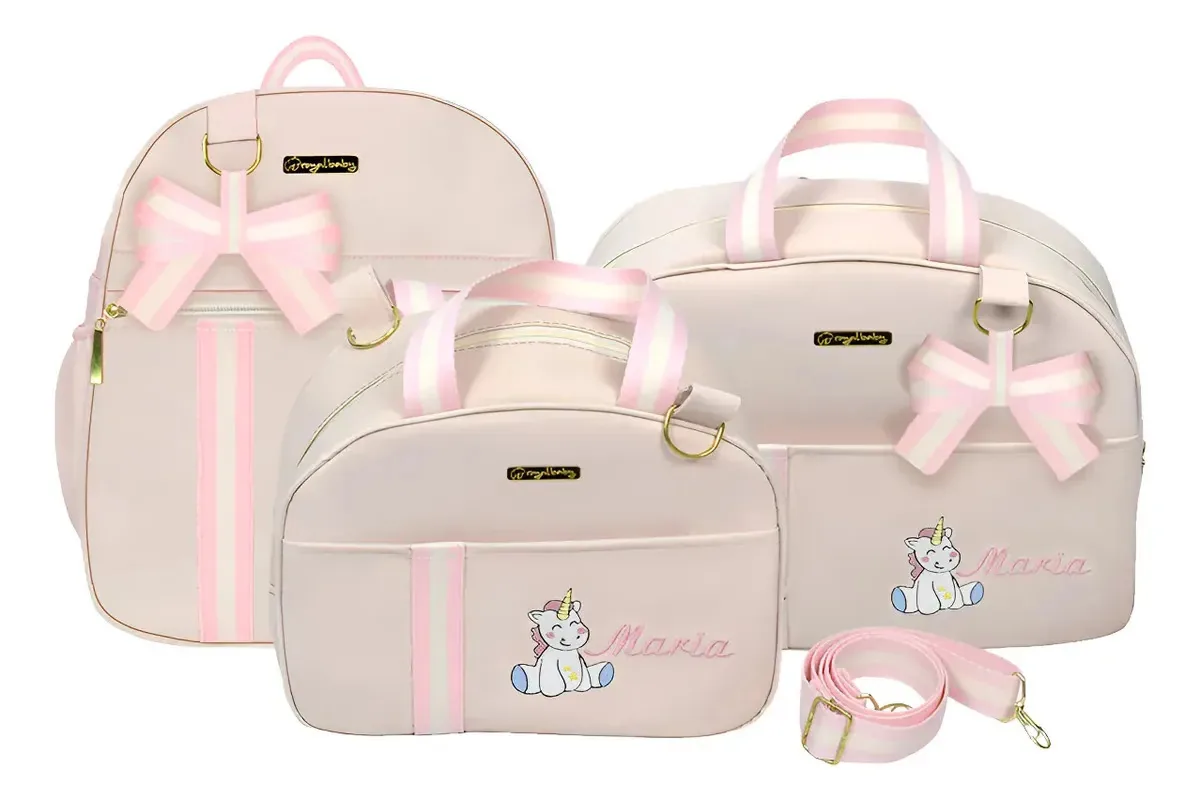 Bolsa Mochila Personalizada Bebê Kit Maternidade Mala Menina Cor Branco e Rosa Desenho do tecido Bege