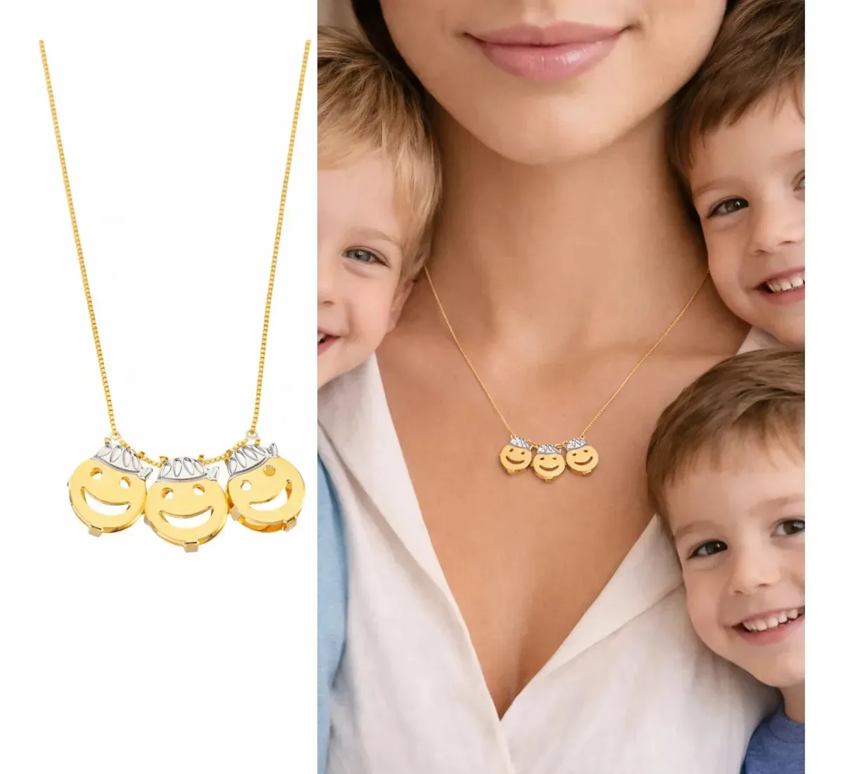 Colar De Filhos Com 3 Pingentes Menino Menina Banhando Ouro 3 Meninos
