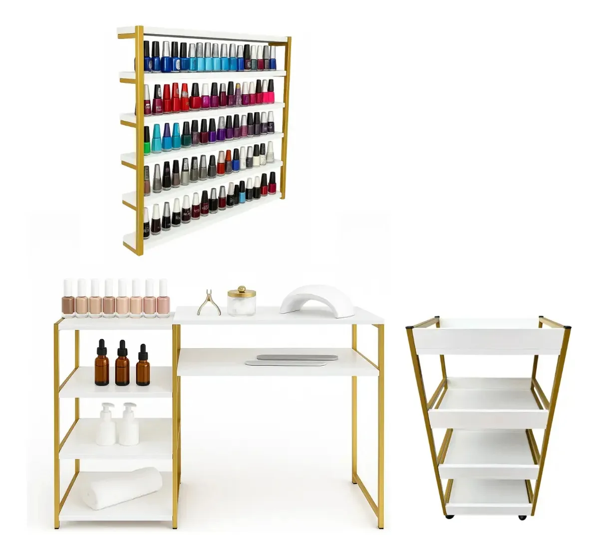 Kit Manicure Mesa+carrinho+nicho P/ Salão De Unhas Completo Cor Ferro dourado