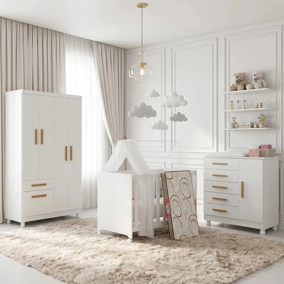 Jogo Quarto Bebê Berço Americano Guarda Roupa Cômoda Colchão Branco-cinamomo