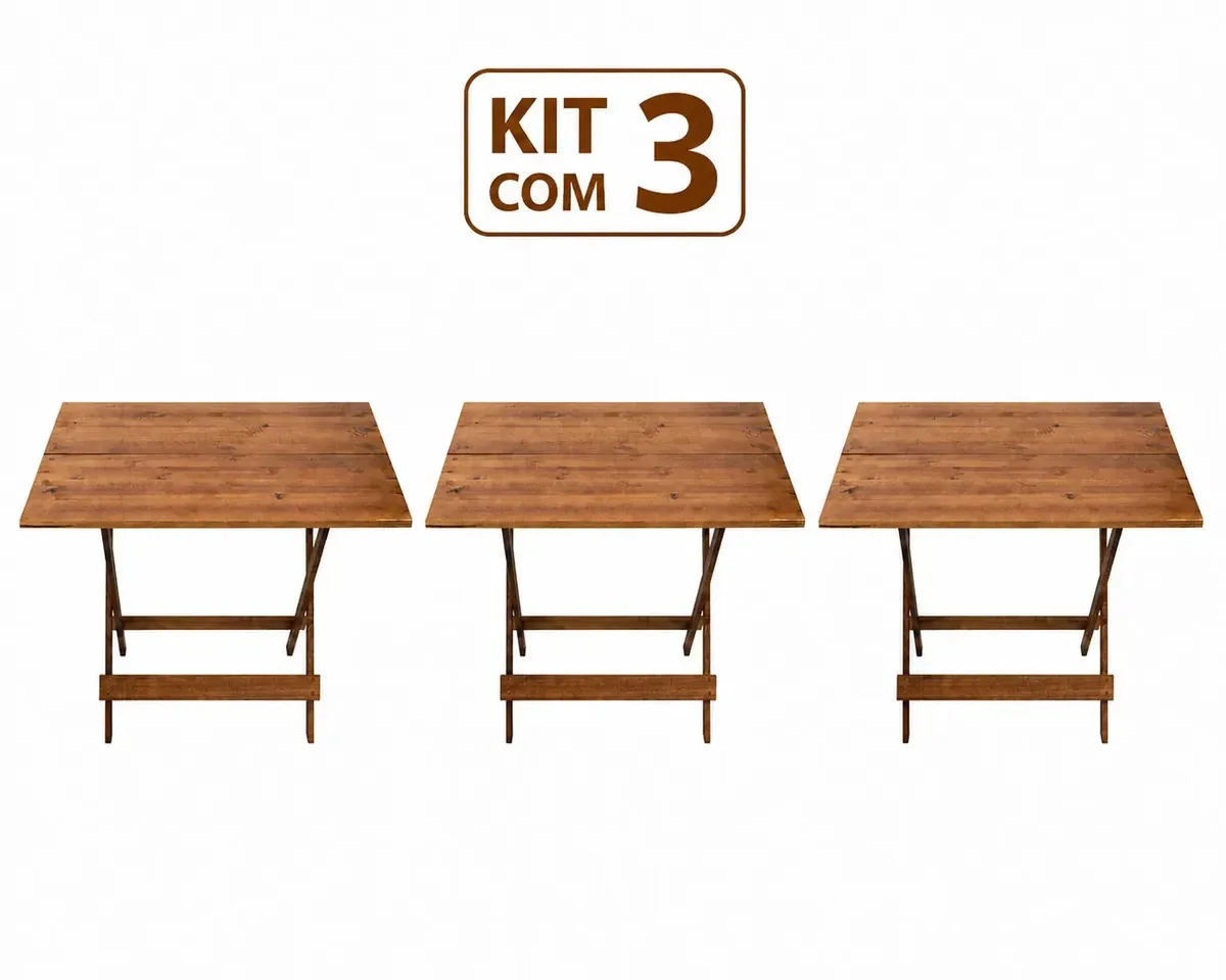 Kit 3 Mesas De Madeira 100x70 Dobrável Pinus Para Jardim Bar Restaurante Napoli Grande Retangular Premium Cor Imbuia