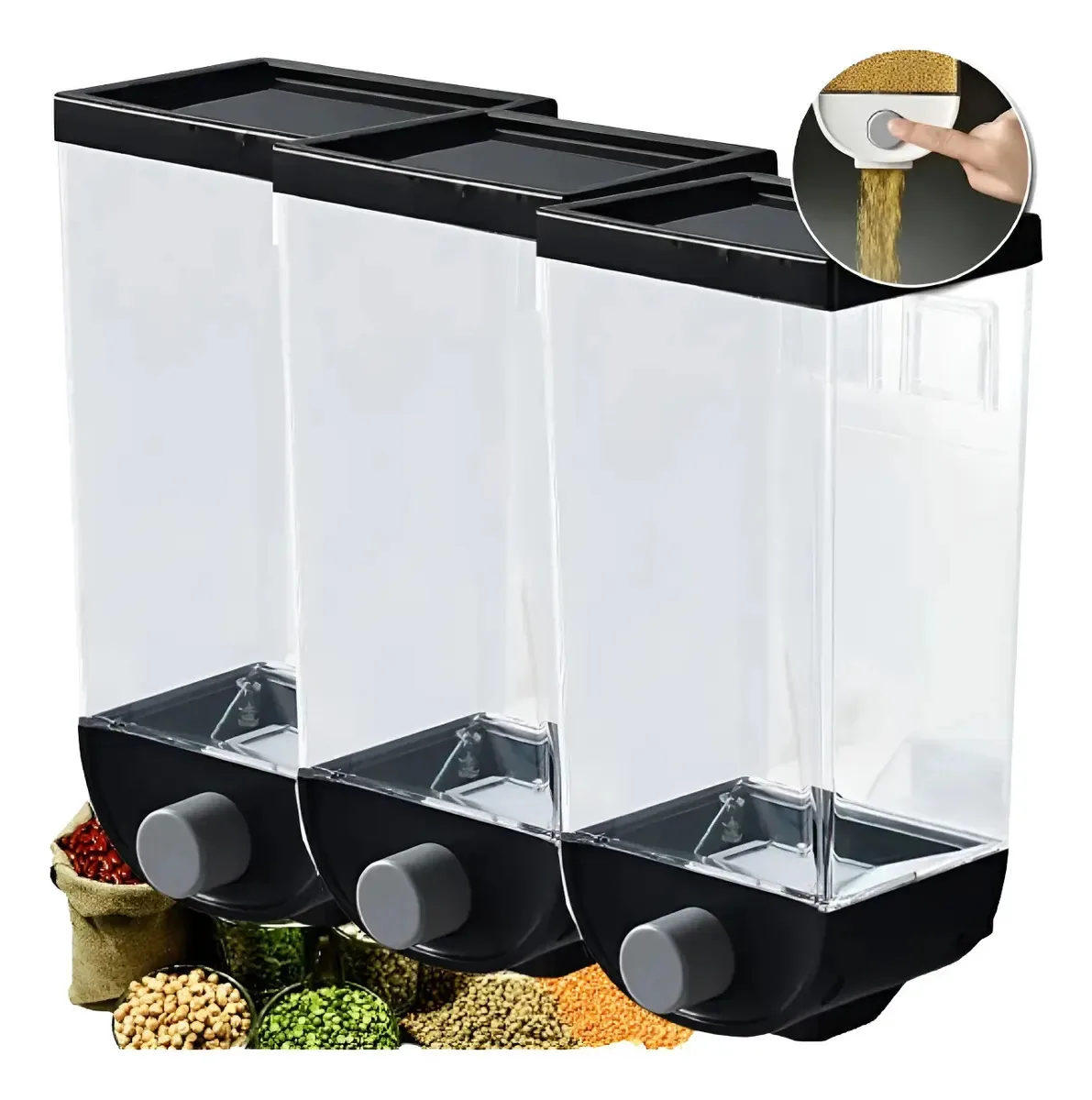 Kit 3 Recipientes Pote Dispenser Grãos Arroz Cereais 1500ml Cor Preto