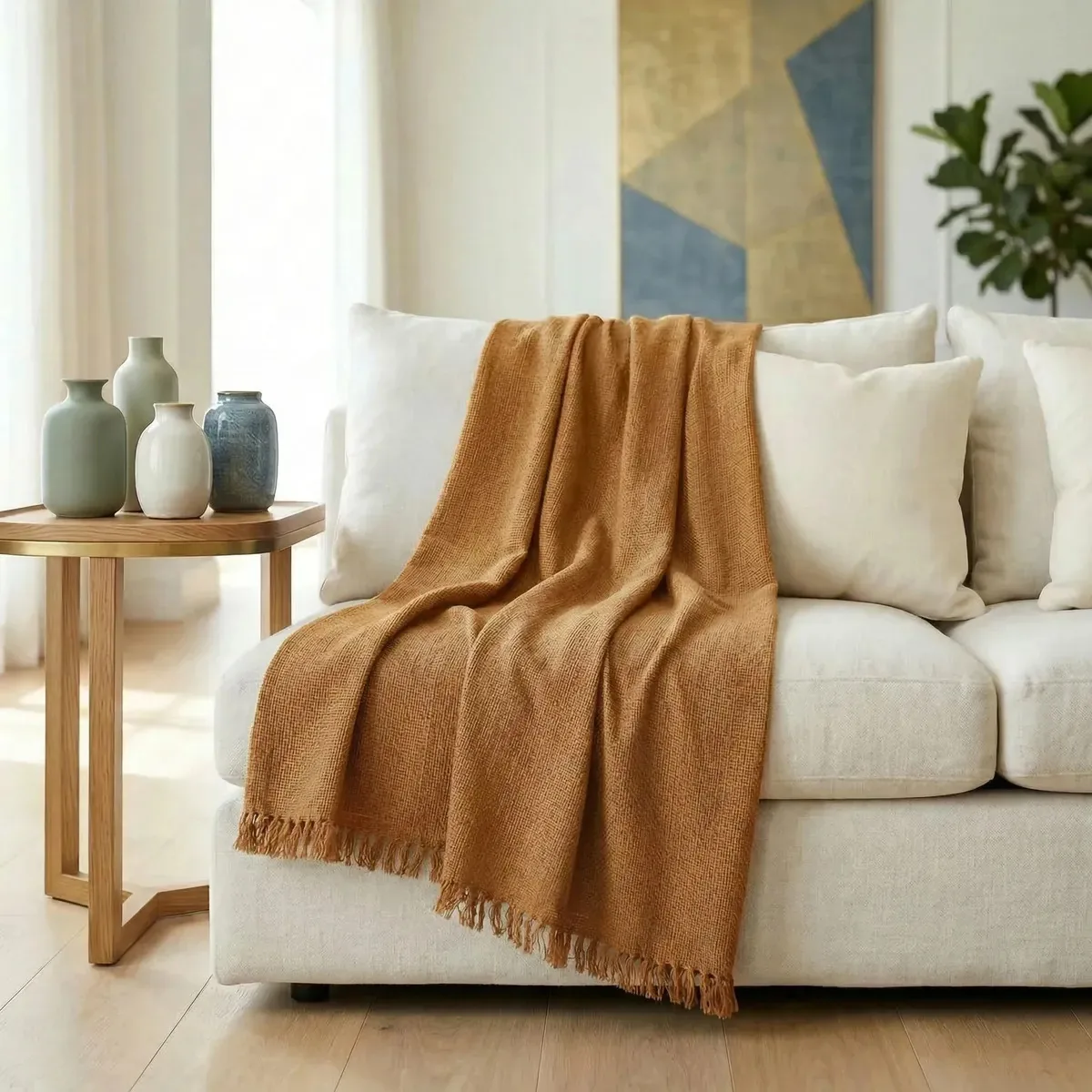 Manta Sofá Luxo Grande 120x210 Protetora Capa Decorativa Caramelo C/ Cru Retângulo Lisa
