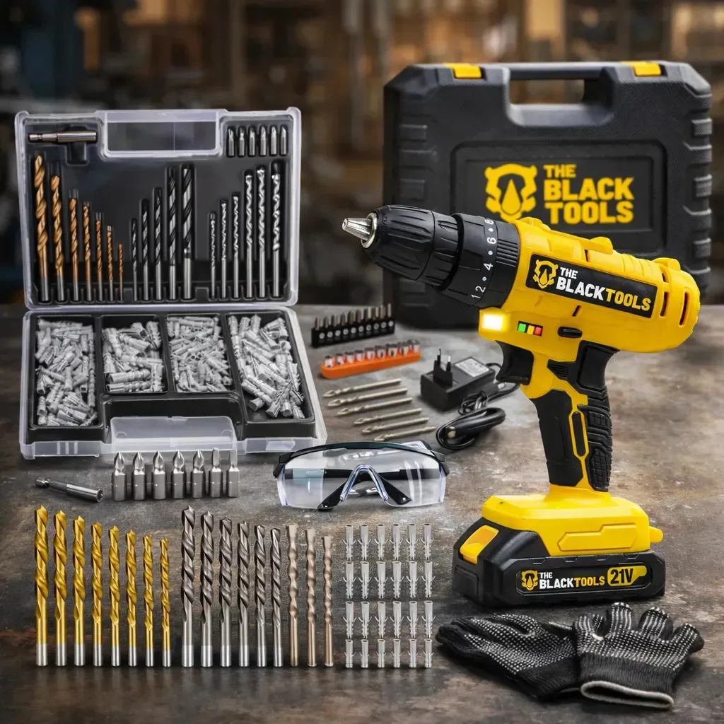 Furadeira Parafusadeira De Impacto 2 Baterias Com Maleta + Kit Brocas e Buchas 300 Peças e Acessórios The Black Tools